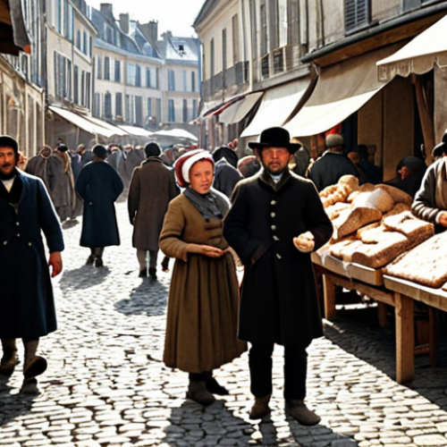 Home 4 **A bustling French marketplace during the Revolution. Focus on the variety of food available (or unavailable!), showing both peasants and bourgeois shoppers. Details: Uneven cobblestone streets, a stall overflowing with stale bread, a well-dressed bourgeois haggling over the price of scarce meat. Overall feeling: Slightly chaotic, reflecting the economic uncertainty of the time.**