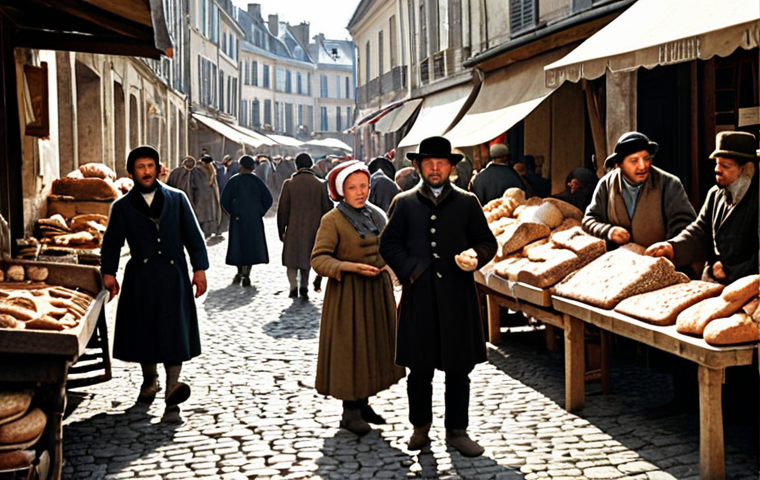 **A bustling French marketplace during the Revolution.  Focus on the variety of food available (or unavailable!), showing both peasants and bourgeois shoppers.  Details: Uneven cobblestone streets, a stall overflowing with stale bread, a well-dressed bourgeois haggling over the price of scarce meat.  Overall feeling:  Slightly chaotic, reflecting the economic uncertainty of the time.**