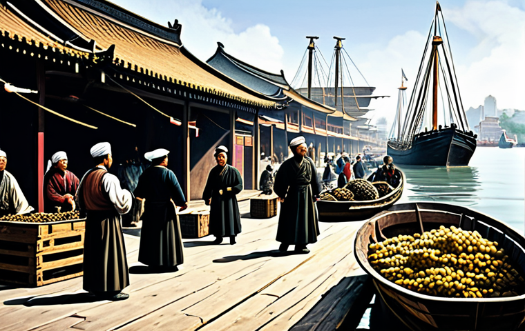 **

"A scene depicting a bustling trading port in 19th century China. Focus on merchants in modest, traditional Chinese clothing, overseeing the loading and unloading of goods. Include British merchant ships in the background. The scene is safe for work, appropriate content, and fully clothed. Depict perfect anatomy, correct proportions, and a natural pose. Professional, historical illustration style, high quality."

**