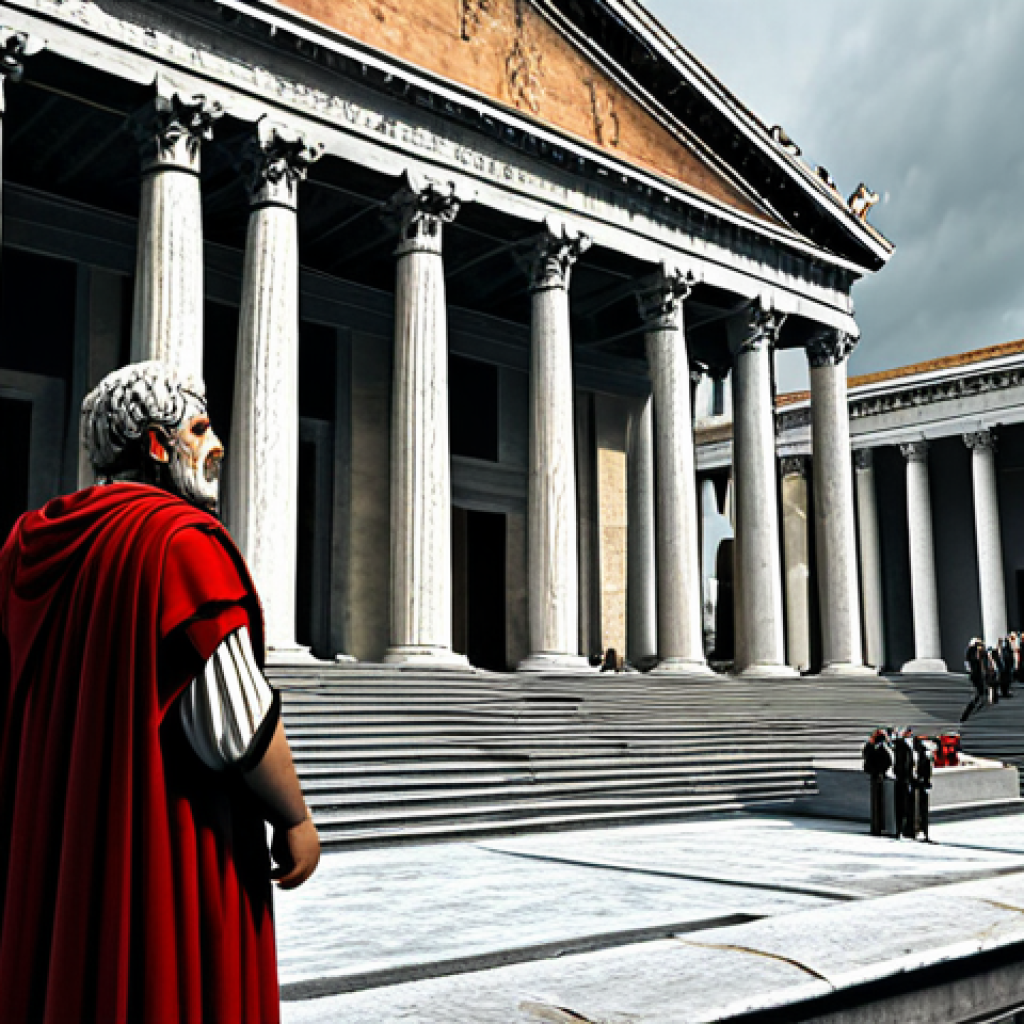 The Fall of the Republic**

"A grand, but decaying Roman Senate building, symbolic of the decline of the Republic. Senators in togas argue amongst themselves. In the foreground, a concerned Roman citizen looks on. Overcast sky. Safe for work, appropriate content, fully clothed, professional illustration, natural proportions, perfect anatomy, modest attire, family-friendly."

**