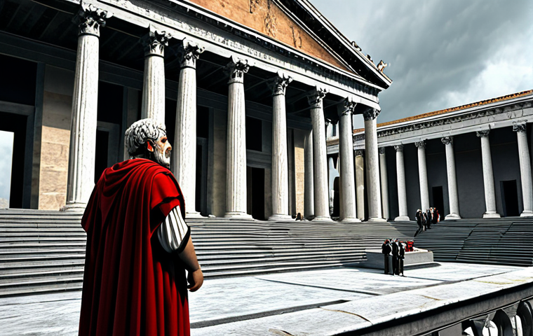 The Fall of the Republic**

"A grand, but decaying Roman Senate building, symbolic of the decline of the Republic. Senators in togas argue amongst themselves. In the foreground, a concerned Roman citizen looks on. Overcast sky. Safe for work, appropriate content, fully clothed, professional illustration, natural proportions, perfect anatomy, modest attire, family-friendly."

**
