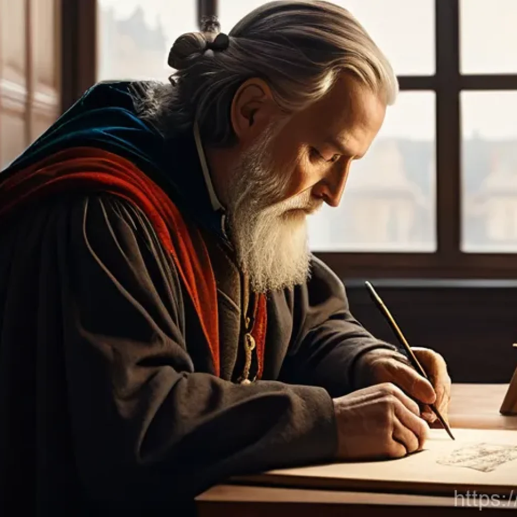 르네상스 시대 예술과 과학 - A Renaissance master, akin to Leonardo da Vinci, in a warmly lit, elegant studio, is meticulously sk...