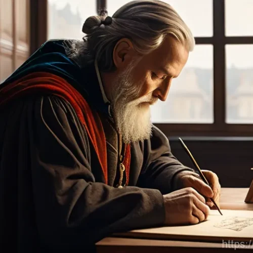 르네상스 시대 예술과 과학 - A Renaissance master, akin to Leonardo da Vinci, in a warmly lit, elegant studio, is meticulously sk...