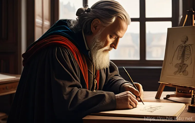 르네상스 시대 예술과 과학 - A Renaissance master, akin to Leonardo da Vinci, in a warmly lit, elegant studio, is meticulously sk...