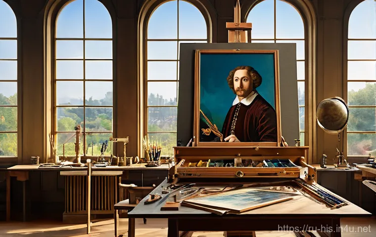 르네상스 시대 예술과 과학 - A grand Renaissance city square, bustling with life, features an imposing cathedral dome, strongly i...