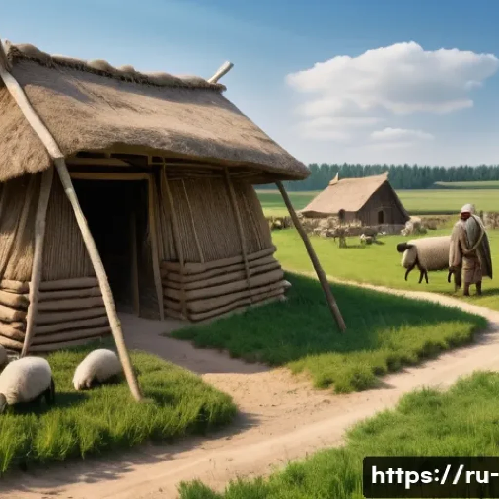 신석기 혁명의 영향 - A detailed scene of a Neolithic farming village in Eastern Europe, showing early settlers cultivatin...