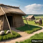 신석기 혁명의 영향 - A detailed scene of a Neolithic farming village in Eastern Europe, showing early settlers cultivatin...