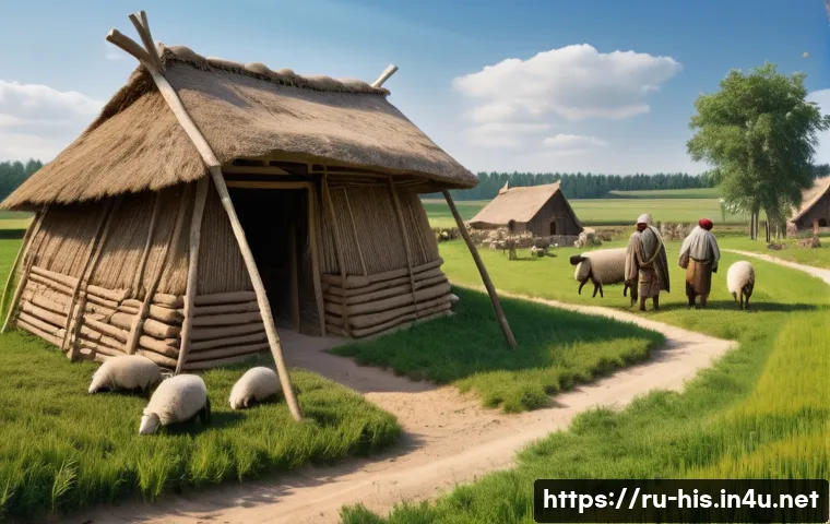 신석기 혁명의 영향 - A detailed scene of a Neolithic farming village in Eastern Europe, showing early settlers cultivatin...