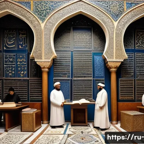 이슬람 정복과 유럽 역사 - A grand medieval library scene in 12th century Andalusia, showing Arab scholars in traditional robes...