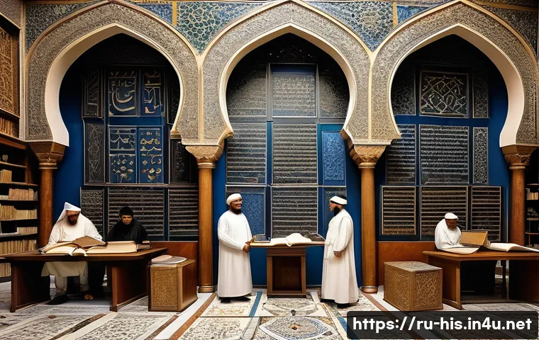 이슬람 정복과 유럽 역사 - A grand medieval library scene in 12th century Andalusia, showing Arab scholars in traditional robes...