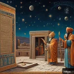 바빌로니아의 점성술 발전 - A detailed ancient Babylonian temple scene at dusk, featuring robed priests wearing intricate patter...