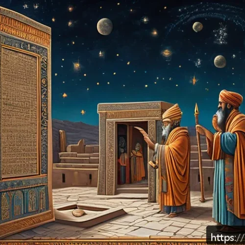 바빌로니아의 점성술 발전 - A detailed ancient Babylonian temple scene at dusk, featuring robed priests wearing intricate patter...