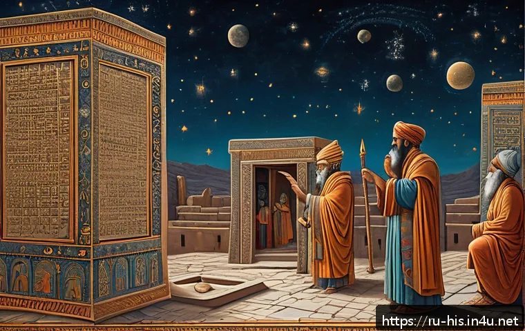 바빌로니아의 점성술 발전 - A detailed ancient Babylonian temple scene at dusk, featuring robed priests wearing intricate patter...
