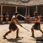 로마 검투사의 생활 - A detailed scene of a Roman gladiator training camp (ludus) in ancient Rome, showing a group of glad...