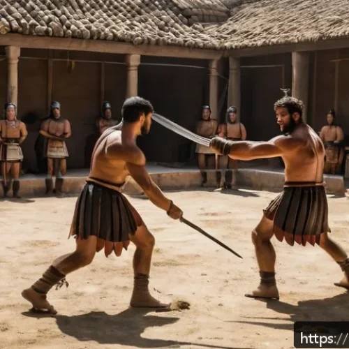 로마 검투사의 생활 - A detailed scene of a Roman gladiator training camp (ludus) in ancient Rome, showing a group of glad...