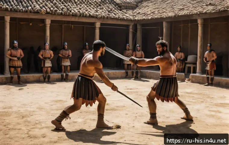 로마 검투사의 생활 - A detailed scene of a Roman gladiator training camp (ludus) in ancient Rome, showing a group of glad...
