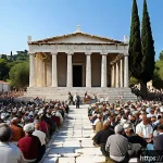 고대 그리스 민주주의 제도 - A vibrant scene of an ancient Athenian agora during a public assembly, with free male citizens in tr...