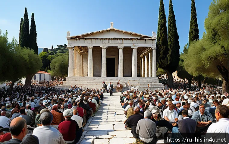 고대 그리스 민주주의 제도 - A vibrant scene of an ancient Athenian agora during a public assembly, with free male citizens in tr...