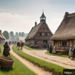 유럽의 흑사병과 사회 변화 - A detailed medieval European village scene shortly after the Black Death, showing peasants in simple...