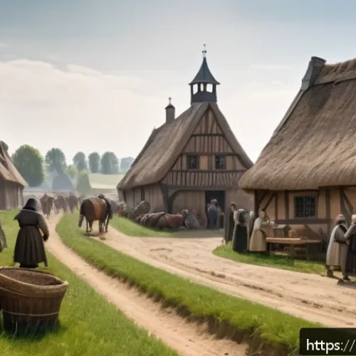 유럽의 흑사병과 사회 변화 - A detailed medieval European village scene shortly after the Black Death, showing peasants in simple...