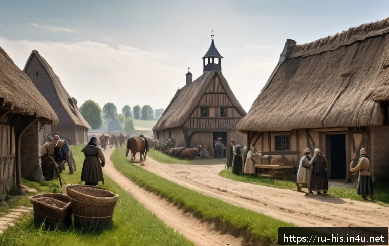 유럽의 흑사병과 사회 변화 - A detailed medieval European village scene shortly after the Black Death, showing peasants in simple...