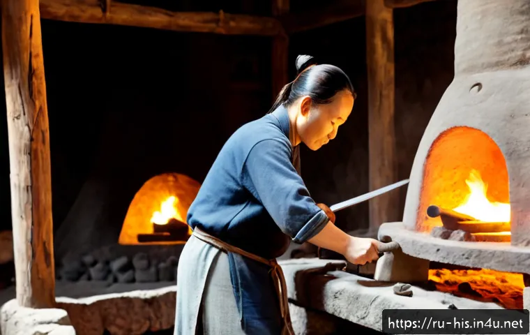 고대 중국의 철기 시대 - Photorealistic ancient Chinese Iron Age blacksmith workshop, skilled artisan in simple linen clothin...